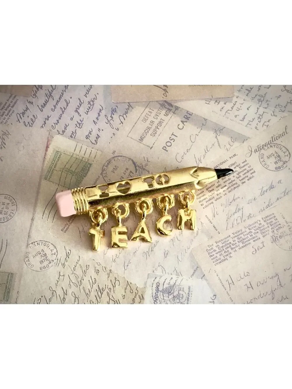 Vintage “I <3 TEACH” Gold-Tone Pencil Brooch with Dangling Letters